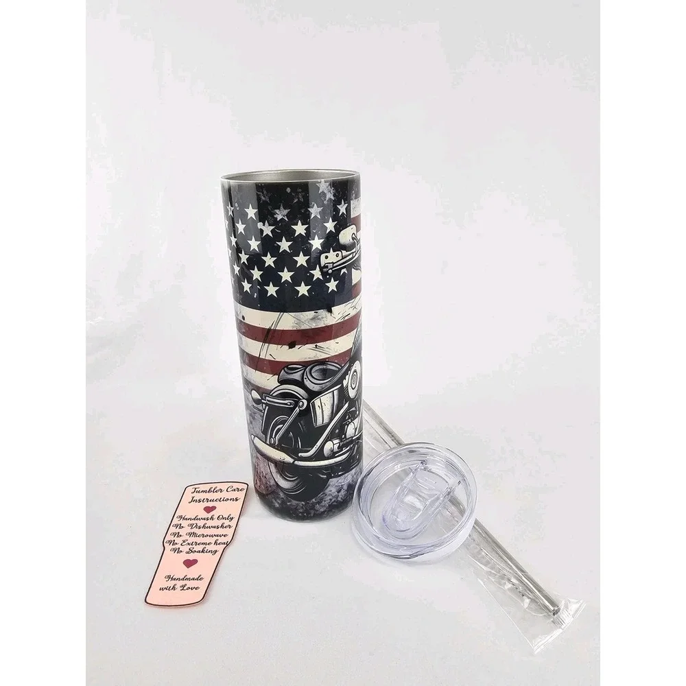 American Flag Motorcycle Riding 20Oz Tumbler Travel Insulated Patriotic Support